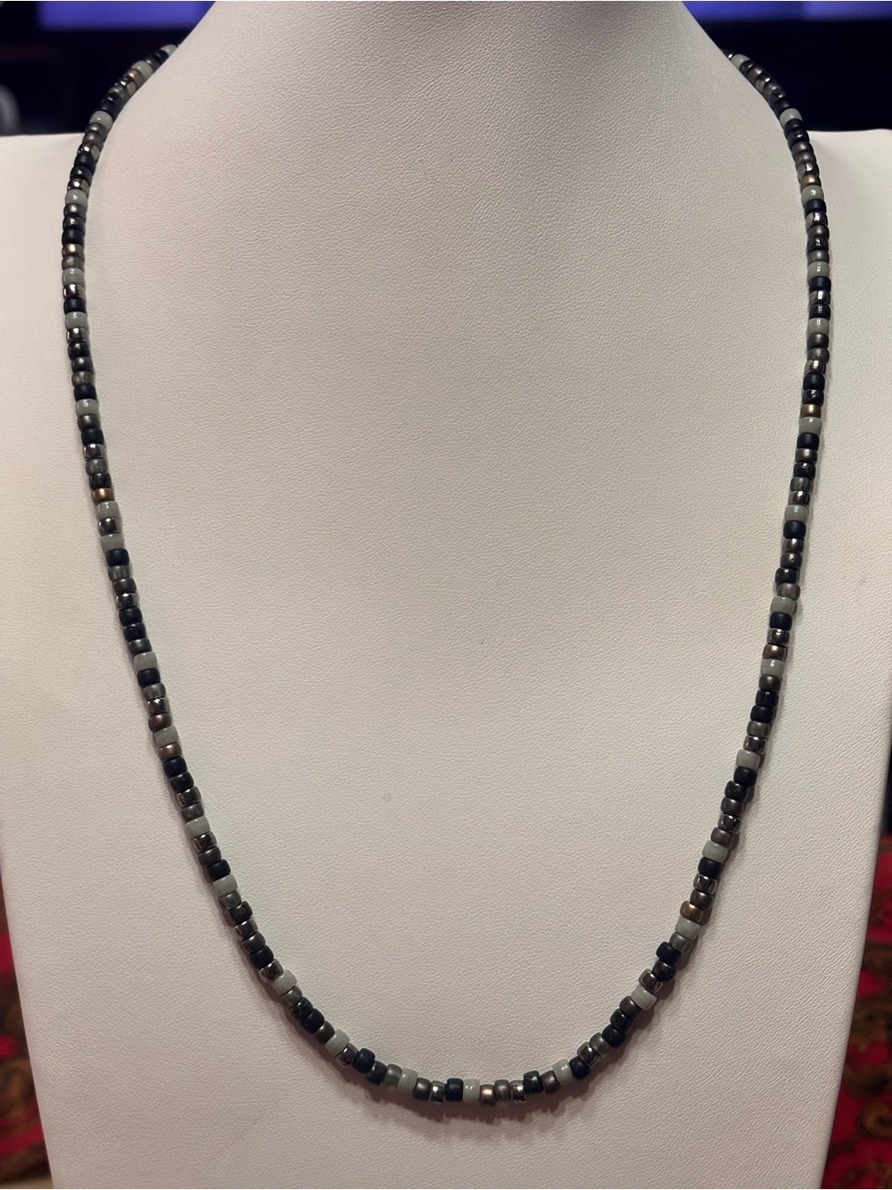 Handmade Men’s Mixed Hematite Silver Black and Grey Beaded Necklace 24 inches